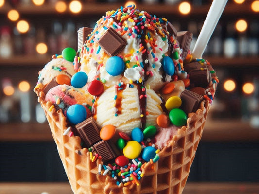A fully loaded waffle cone. Looks delicious.